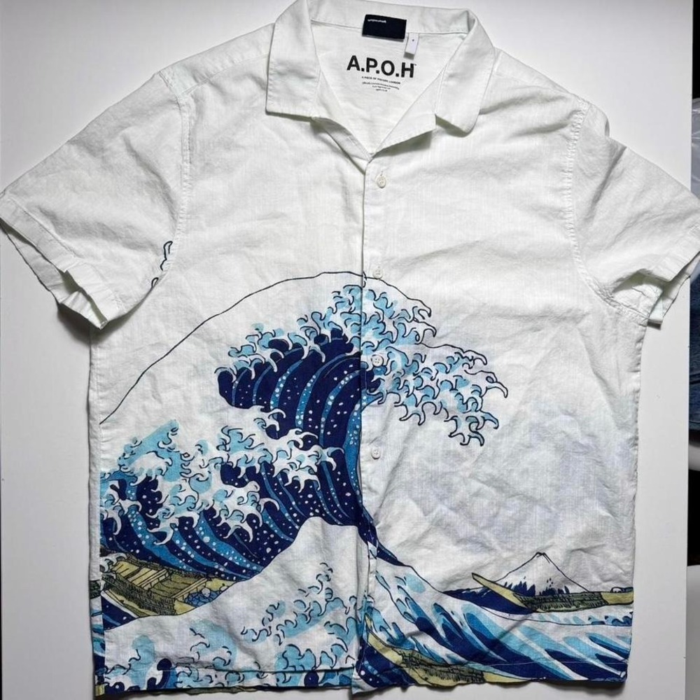 ASOS A.P.O.H Hokusai Great Wave Button Up Shirt Mens XL Japanese Art Linen Blend